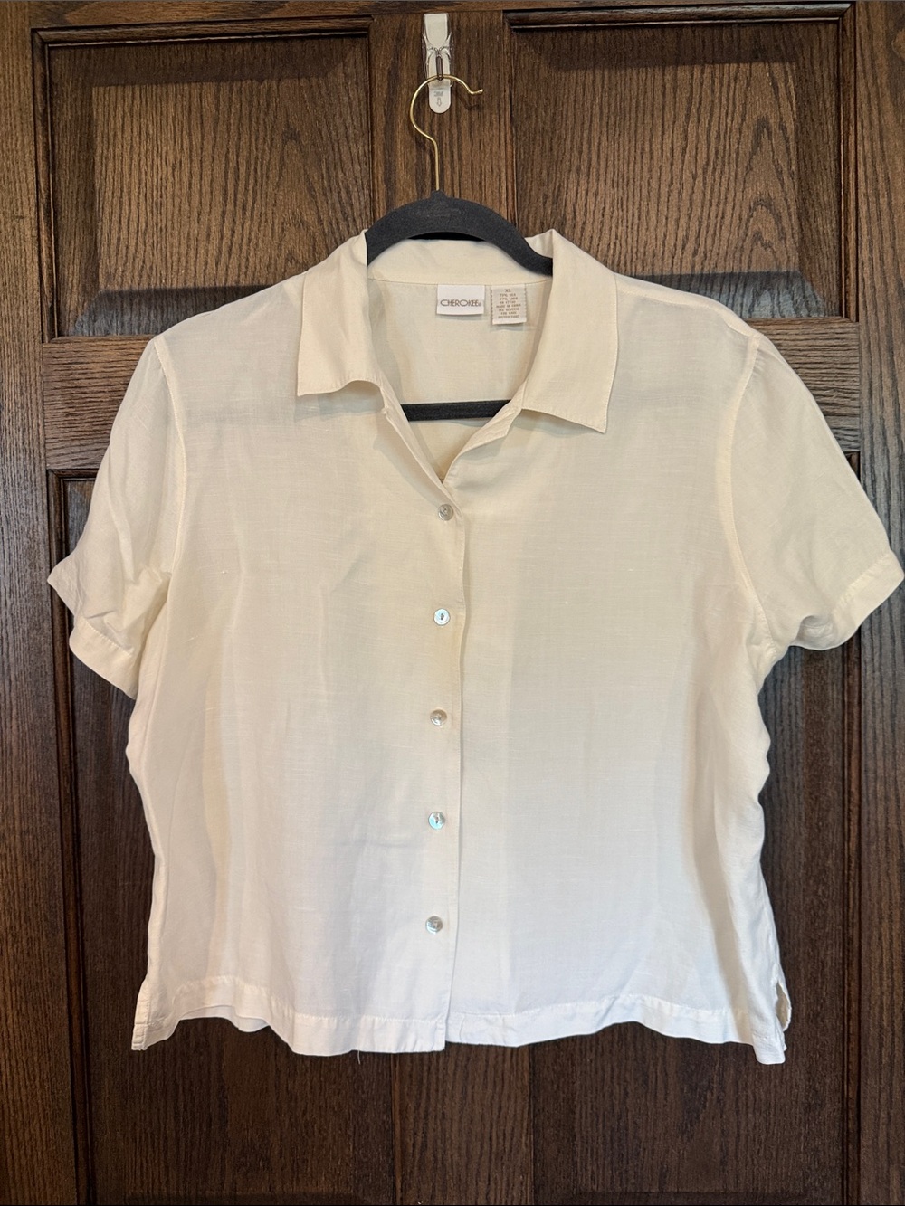Vintage Cherokee Cream Silk Linen blend cropped Short Sleeve Button Down Top  XL